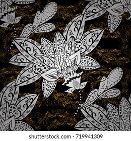 Vintage seamless pattern on a black, white and gray colors with golden elements. Vector illustration.