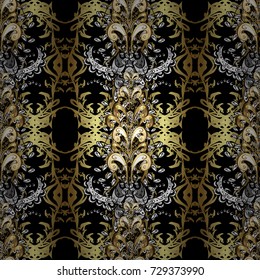 Vintage seamless pattern on a black, neutral and brown colors with golden elements. Vector illustration.