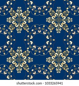 Vintage seamless pattern on a blue, brown and beige colors with golden elements. Christmas 2018, snowflake, new year.
