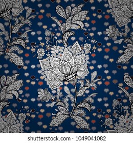 Vintage seamless pattern on a blue, white and black colors with cute elements. Vector illustration.