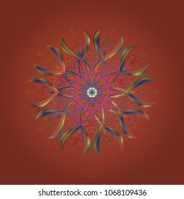 Vintage seamless pattern on a blue, brown and yellow colors with golden elements. Raster illustration.