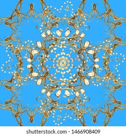 Vintage seamless pattern on a blue and brown colors with golden elements. Christmas 2019, snowflake, new year.