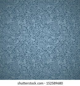 Vintage seamless pattern on blue background with elegant floral curls