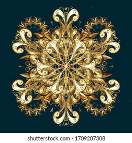 Vintage seamless pattern on a blue and brown colors with golden elements. Christmas 2019, snowflake, new year.