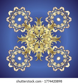 Vintage seamless pattern on a blue and violet colors with golden elements. Christmas 2019, snowflake, new year.
