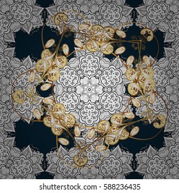 Vintage seamless pattern on a blue background with golden elements. Vector illustration.