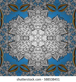 Vintage seamless pattern on a blue background with golden elements. Vector illustration.