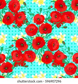 Vintage seamless pattern on a blue background. Hand written vector poppy flowers, stamps, keys.