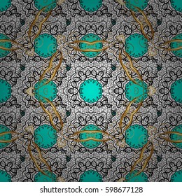 Vintage seamless pattern on a blue background with golden elements. Vector illustration.