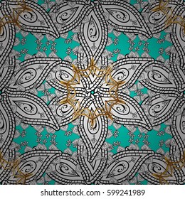 Vintage seamless pattern on a blue background with golden elements. Vector illustration.