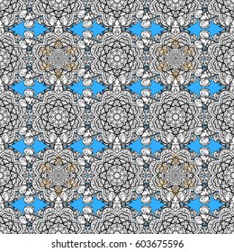 Vintage seamless pattern on a blue background with white elements. Vector illustration.