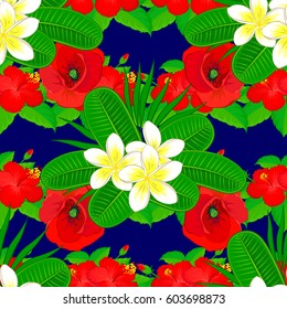 Vintage seamless pattern on a blue background. Hand written vector plumeria flowers, stamps, keys.