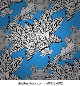 Vintage seamless pattern on a blue background with white elements. Christmas 2019, snowflake, new year.