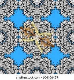 Vintage seamless pattern on a blue background with golden elements. Vector illustration.