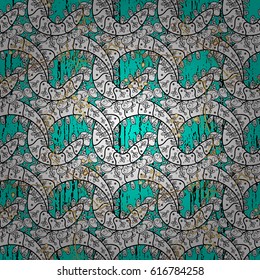 Vintage seamless pattern on a blue background with white elements. Vector illustration.