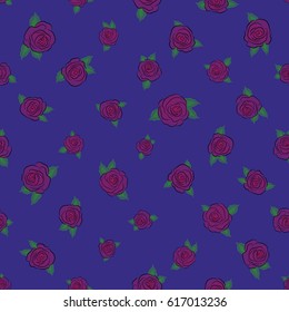 Vintage seamless pattern on a blue background. Hand written vector rose flowers and green leaves, stamps, keys.