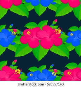 Vintage seamless pattern on a blue background. Hand written vector hibiscus flowers, stamps, keys.
