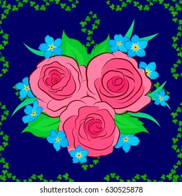 Vintage seamless pattern on a blue background. Hand written vector rose flowers and green leaves, stamps, keys.