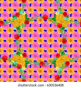 Vintage seamless pattern on a blue background. Hand written vector cosmos flowers, stamps, keys.