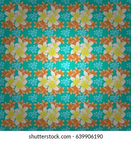 Vintage seamless pattern on a blue background. Hand written vector plumeria flowers, stamps, keys.