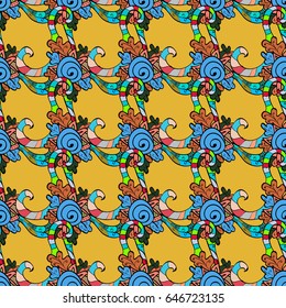 Vintage seamless pattern on a blue background with colorful elements.