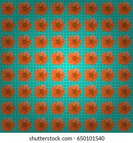 Vintage seamless pattern on a blue background. Hand written vector cosmos flowers, stamps, keys.