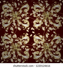 Vintage seamless pattern on a brown, red and yellow colors with golden elements. Vector illustration.
