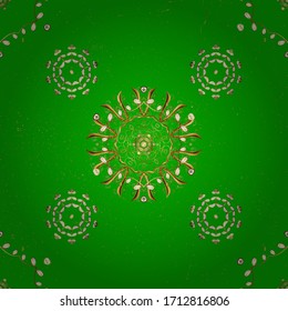 Vintage seamless pattern on a brown and green colors with golden elements. Christmas 2019, snowflake, new year.