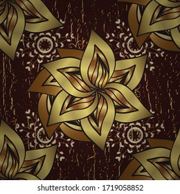 Vintage seamless pattern on a brown and yellow colors with golden elements. Vector illustration.