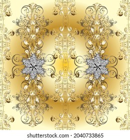 Vintage seamless pattern on a brown, beige and yellow colors with golden elements. Vector illustration.