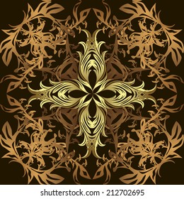 Vintage seamless pattern on a brown, gray and beige colors with golden elements. Christmas 2019, snowflake, new year.