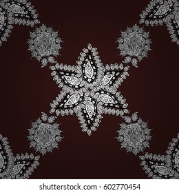 Vintage seamless pattern on a brown background with white elements. Christmas 2019, snowflake, new year.