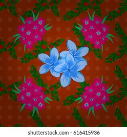 Vintage seamless pattern on a brown background. Hand written vector forget-me-not flowers, stamps, keys.