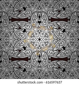 Vintage seamless pattern on a brown background with golden elements. Vector illustration.