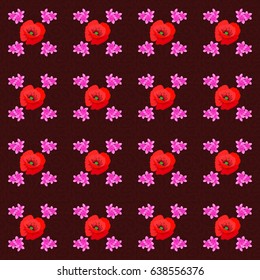 Vintage seamless pattern on a brown background. Hand written vector poppy flowers, stamps, keys.