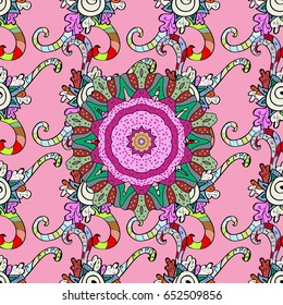 Vintage seamless pattern on a colorful background with ornamental elements. Vector illustration.
