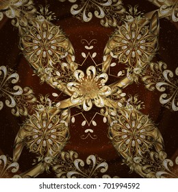 Vintage seamless pattern on a colorful background with golden elements. Christmas 2019, snowflake, new year.