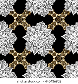 Vintage seamless pattern on a colors with golden elements. Vector illustration.