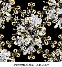 Vintage seamless pattern on a dark colors with golden elements. Vector illustration.