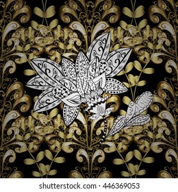 Vintage seamless pattern on a dark colors with golden elements. Vector illustration.
