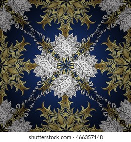 Vintage seamless pattern on dark blue gradient background with golden elements wi.th shadows. Vector illustration.