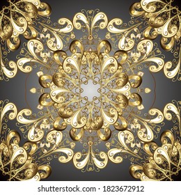 Vintage seamless pattern on a gray and beige colors with golden elements. Vector illustration.