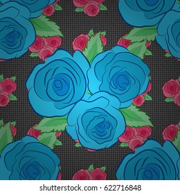 Vintage seamless pattern on a gray background. Hand written vector rose flowers and green leaves, stamps, keys.