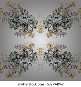 Vintage seamless pattern on a gray background with golden elements. Vector illustration.