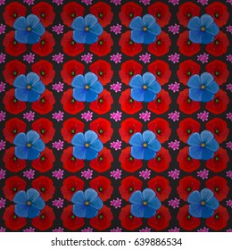 Vintage seamless pattern on a gray background. Hand written vector poppy flowers, stamps, keys.