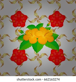 Vintage seamless pattern on a gray background. Hand written vector hibiscus flowers, stamps, keys.