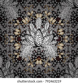 Vintage seamless pattern on a gray colors with golden elements. Christmas 2019, snowflake, new year.