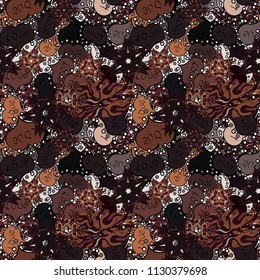 Vintage seamless pattern on a green, blue and brown colors with golden elements.