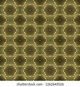 Vintage seamless pattern on a green and brown colors with golden elements. Christmas 2019, snowflake, new year.