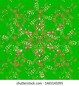 Vintage seamless pattern on a green and brown colors with golden elements. Vector illustration.